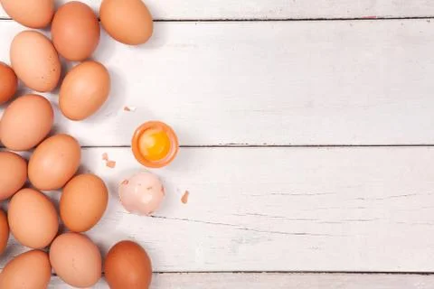 Chicken egg on wood table with space for copy .. Stock Photos
