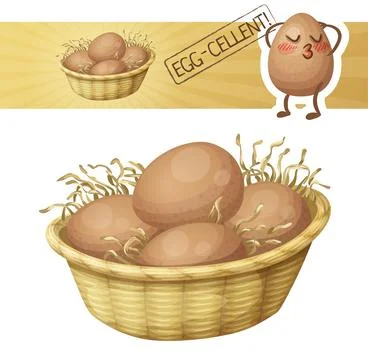 Chicken eggs in basket icon. Vector illustration with cute cartoon egg charatcer Stock Illustration