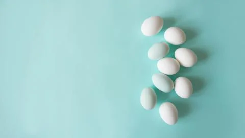 Chicken eggs on blue background bed monochrome shades, place for text Stock Photos