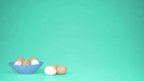 Chicken eggs into a blue cup on the table, turquoise background with copy spa Stock Illustration