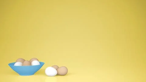 Chicken eggs into a blue cup on the table, yellow background with copy space, Stock Illustration