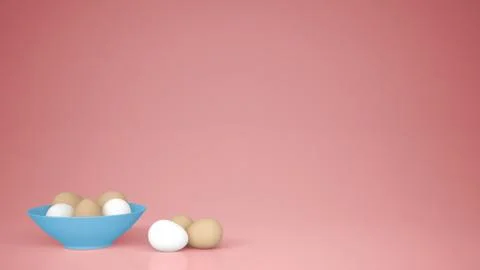 Chicken eggs into a blue cup on the table, pink background with copy space, b Stock Illustration