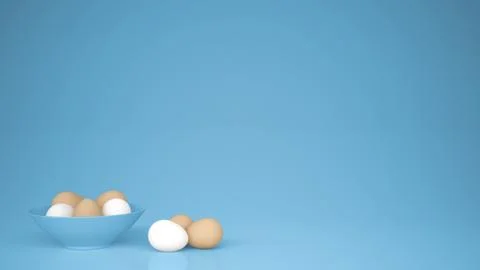 Chicken eggs into a blue cup on the table, blue background with copy space, b Stock Illustration