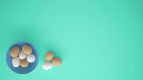 Chicken eggs into a blue cup on the table, turquoise background with copy spa Stock Illustration