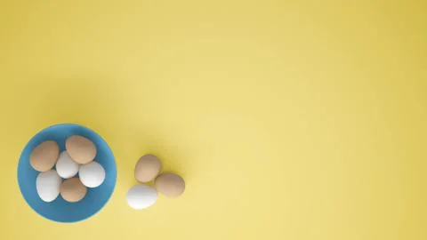 Chicken eggs into a blue cup on the table, yellow background with copy space, Stock Illustration