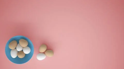 Chicken eggs into a blue cup on the table, pink background with copy space, b Stock Illustration