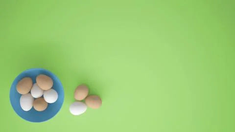 Chicken eggs into a blue cup on the table, green background with copy space,  Stock Illustration