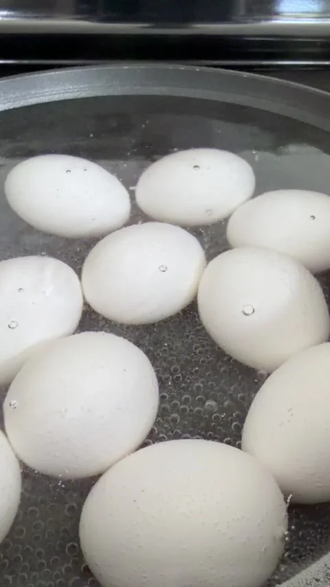 Chicken eggs boiling in water for hard boiled eggs Stock-Footage 337585927