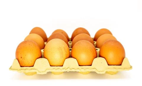 Chicken eggs in box, ordered eggs, close up Stock Photos