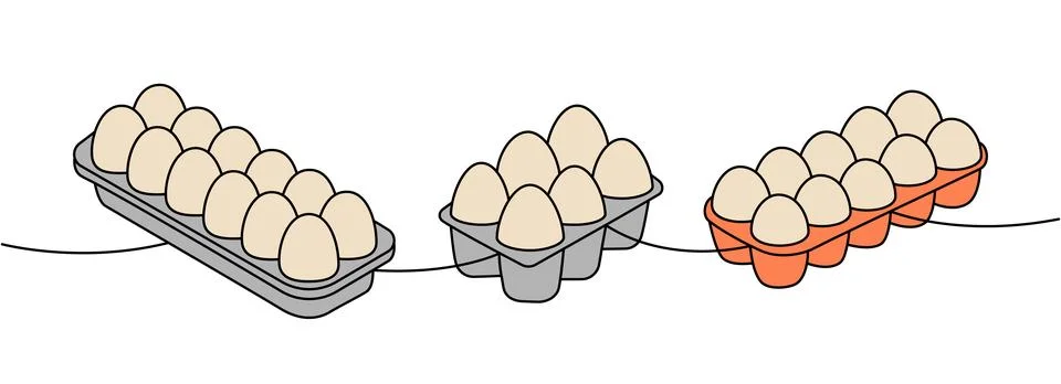 Chicken eggs in boxes one line colored continuous drawing. Boiled eggs, broken Stock Illustration