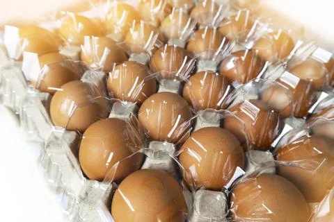 Chicken eggs in cardboard box with plastic cover for protection, egg busine.. Stockfoto's