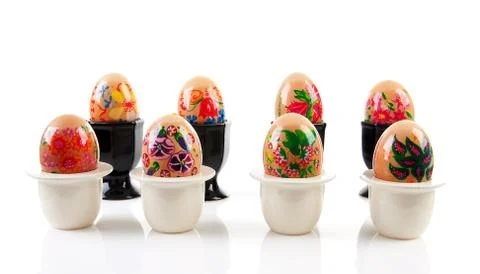 Chicken eggs decorated by children for easter Foto stock