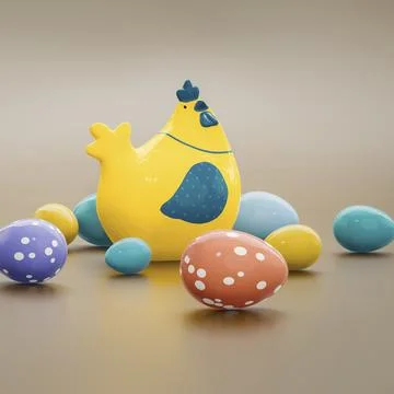 A chicken with eggs easter decoration. 3D illustration Stock Illustration