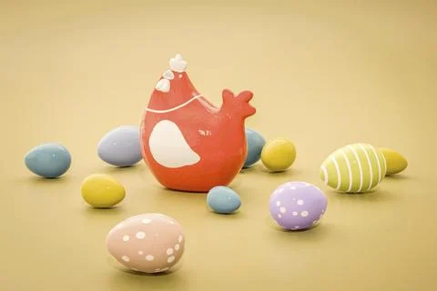 A chicken with eggs easter decoration. 3D illustration Stock Illustration