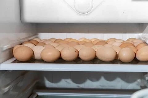 Chicken eggs in the fridge. Preparation for Easter. Stock Photos
