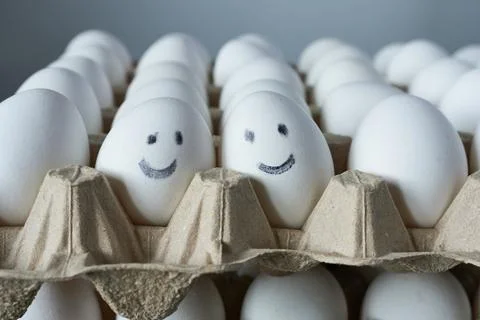 Chicken eggs with a fun face pattern. Young family concept. Stock Photos