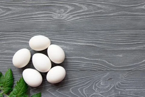 Chicken eggs on a gray background Stock Photos
