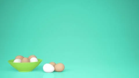 Chicken eggs into a green cup on the table, turquoise background with copy sp Stock Illustration