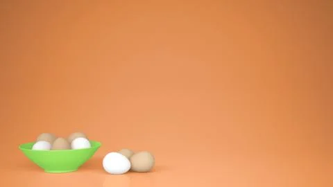 Chicken eggs into a green cup on the table, orange background with copy space Stock Illustration
