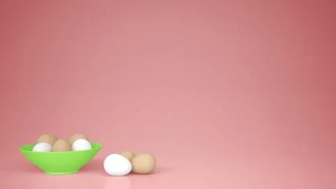 Chicken eggs into a green cup on the table, pink background with copy space,  Stock Illustration