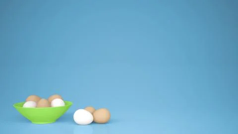 Chicken eggs into a green cup on the table, blue background with copy space,  Stock Illustration