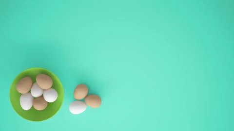 Chicken eggs into a green cup on the table, turquoise background with copy sp Stock Illustration