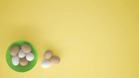 Chicken eggs into a green cup on the table, yellow background with copy space Stock Illustration