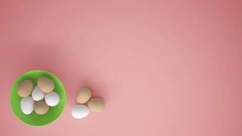 Chicken eggs into a green cup on the table, pink background with copy space,  Stock Illustration