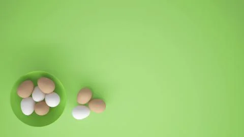 Chicken eggs into a green cup on the table, green background with copy space, Stock Illustration