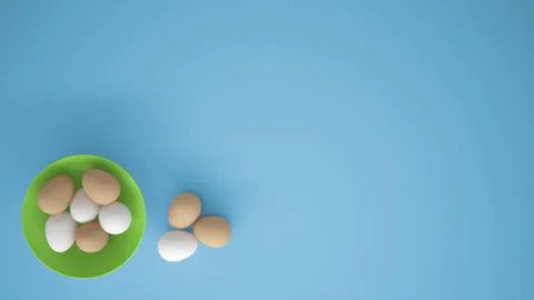 Chicken eggs into a green cup on the table, blue background with copy space,  Stock Illustration