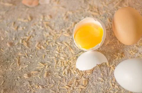 Chicken eggs on kitchen table Stock Photos