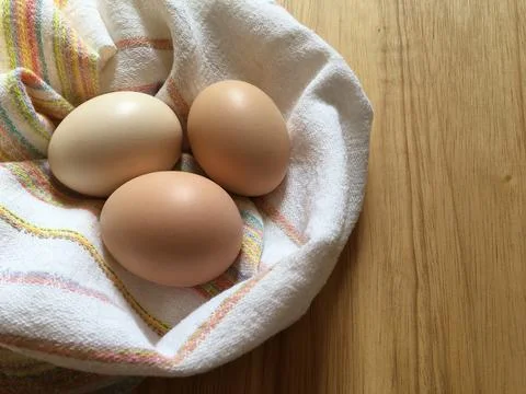 Chicken eggs in a kitchen towel Stock Photos