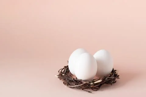 Chicken eggs in the nest. happy Easter. Stock Photos