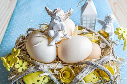 Chicken eggs in a nest Stock Photos