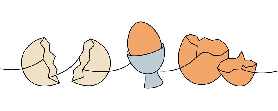 Chicken eggs one line colored continuous drawing. Boiled eggs, broken eggshell イラスト素材