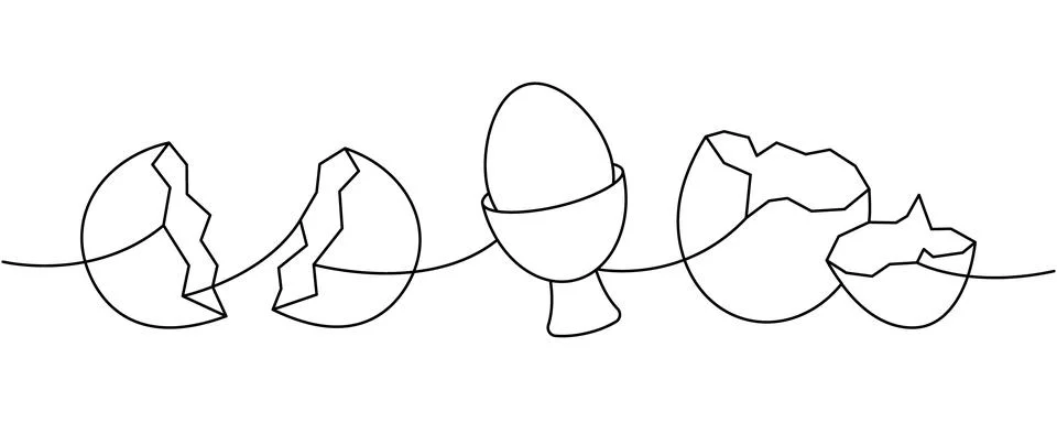 Chicken eggs one line continuous drawing. Boiled eggs, broken eggshell, omelette Stock Illustration