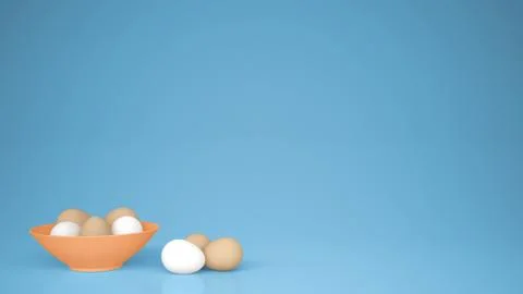 Chicken eggs into a orange cup on the table, blue background with copy space, Stock Illustration