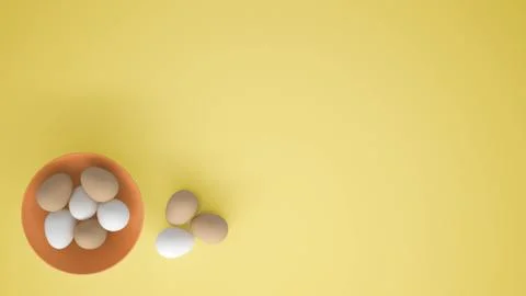Chicken eggs into a orange cup on the table, yellow background with copy spac Stock Illustration