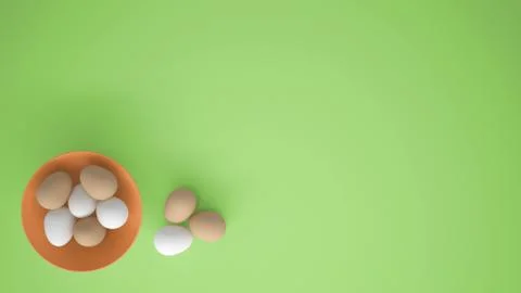 Chicken eggs into a orange cup on the table, green background with copy space Stock Illustration