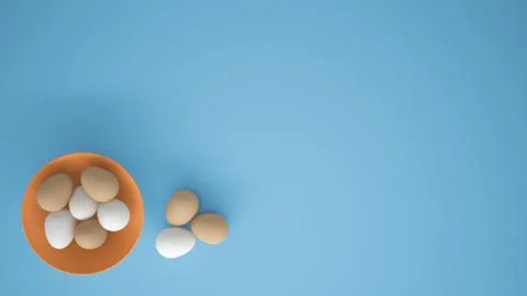 Chicken eggs into a orange cup on the table, blue background with copy space, Stock Illustration