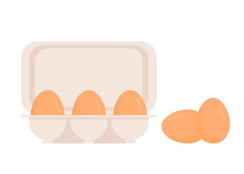 Chicken eggs in pack. Fresh brown eggs in paper box, container. Whole egg in  Stock Illustration