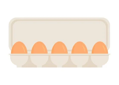 Chicken eggs in pack. Fresh brown eggs in paper box, container. Whole egg in  Stock Illustration