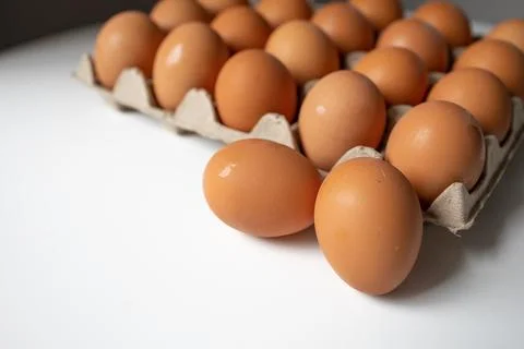 Chicken eggs in a paper tray side view with white background Stock Photos