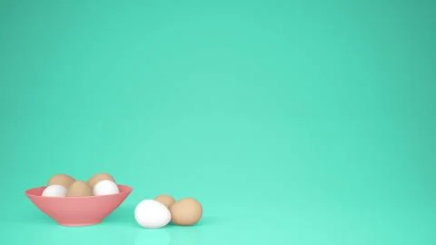 Chicken eggs into a pink cup on the table, turquoise background with copy spa Stock Illustration
