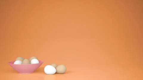 Chicken eggs into a pink cup on the table, orange background with copy space, Stock Illustration