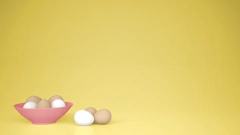 Chicken eggs into a pink cup on the table, yellow background with copy space, Stock Illustration
