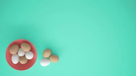 Chicken eggs into a pink cup on the table, turquoise background with copy spa Stock Illustration