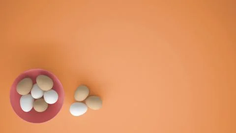 Chicken eggs into a pink cup on the table, orange background with copy space, Stock Illustration