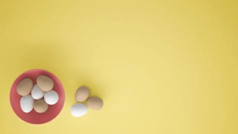 Chicken eggs into a pink cup on the table, yellow background with copy space, Stock Illustration