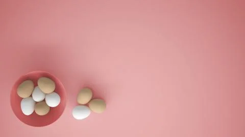 Chicken eggs into a pink cup on the table, pink background with copy space, b Stock Illustration